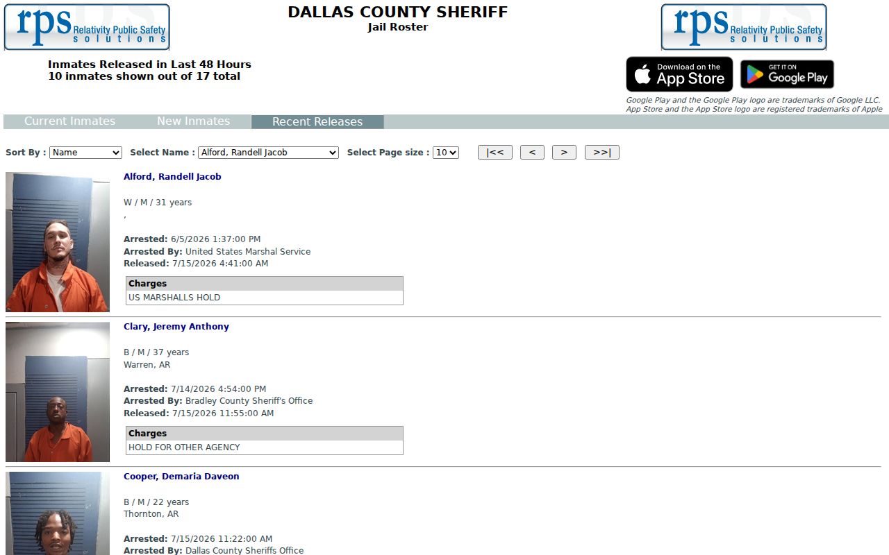 Dallas County recent releases roster view