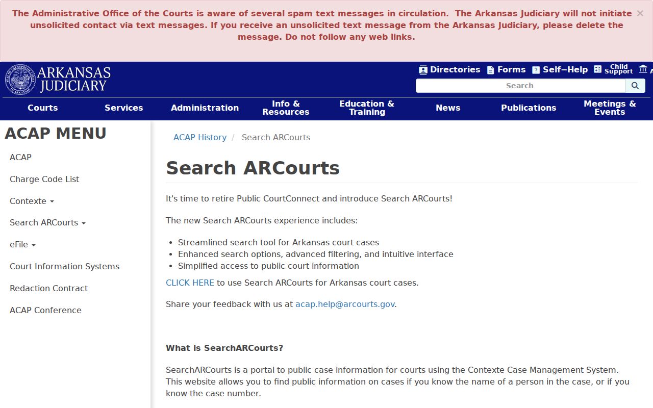 Search ARCourts public case information page for Arkansas court records