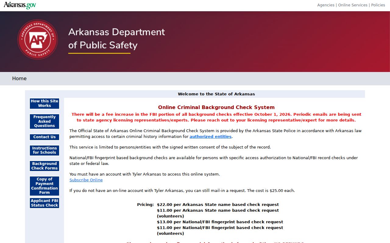 Dallas County criminal history Arkansas CBC background check portal