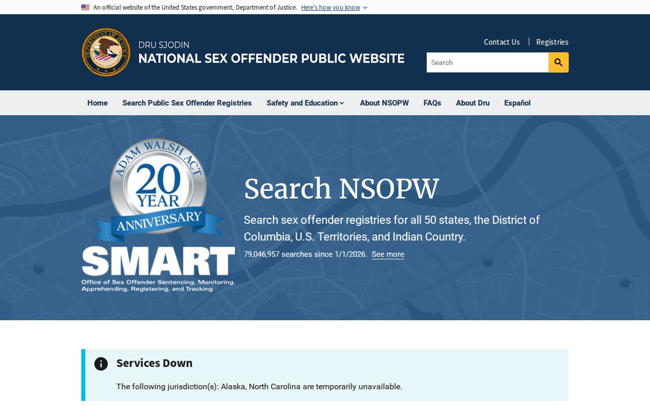 National Sex Offender Public Website search landing page for cross-state registry checks