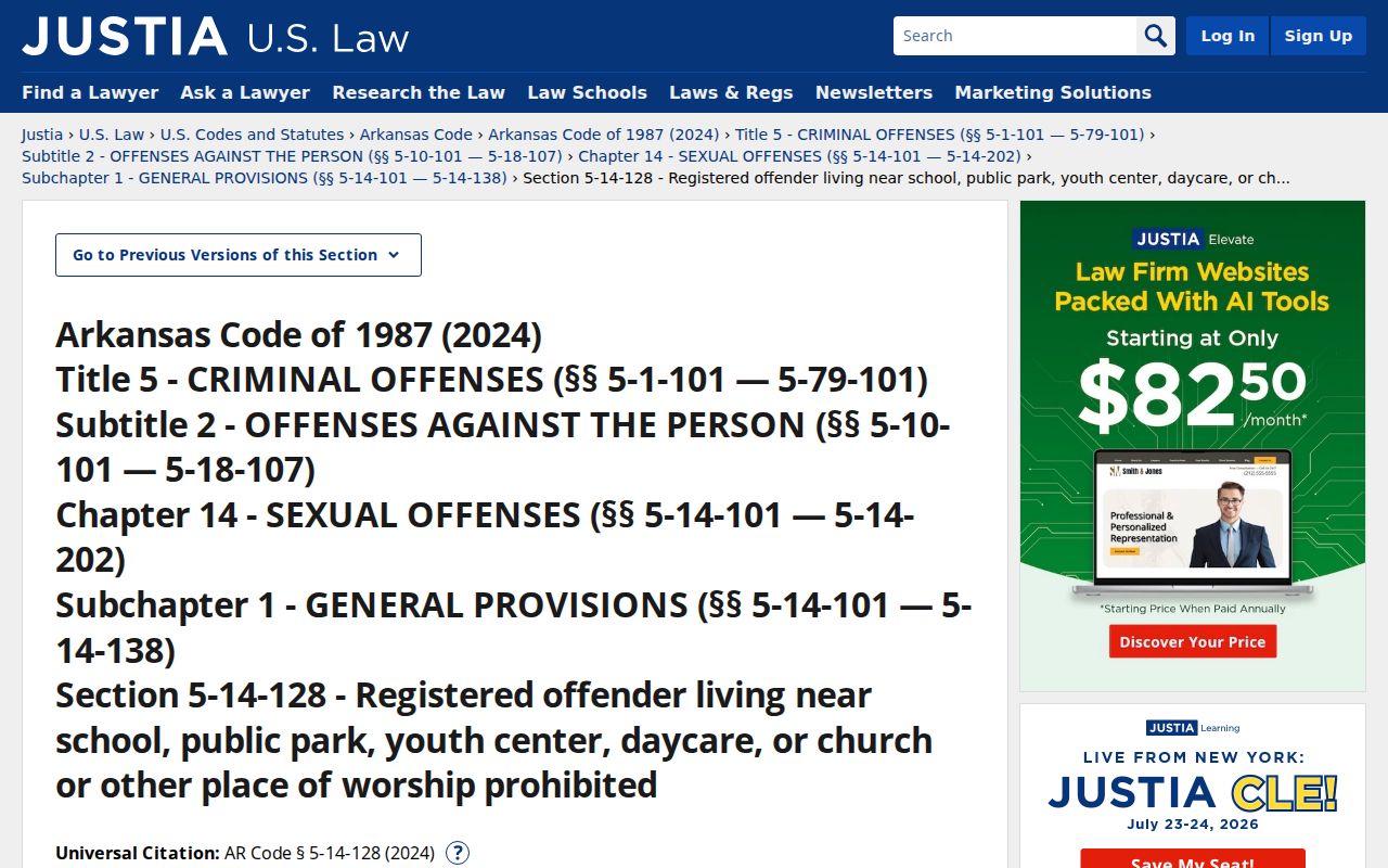 Arkansas Code section 5-14-128 registered offender residency restriction reference